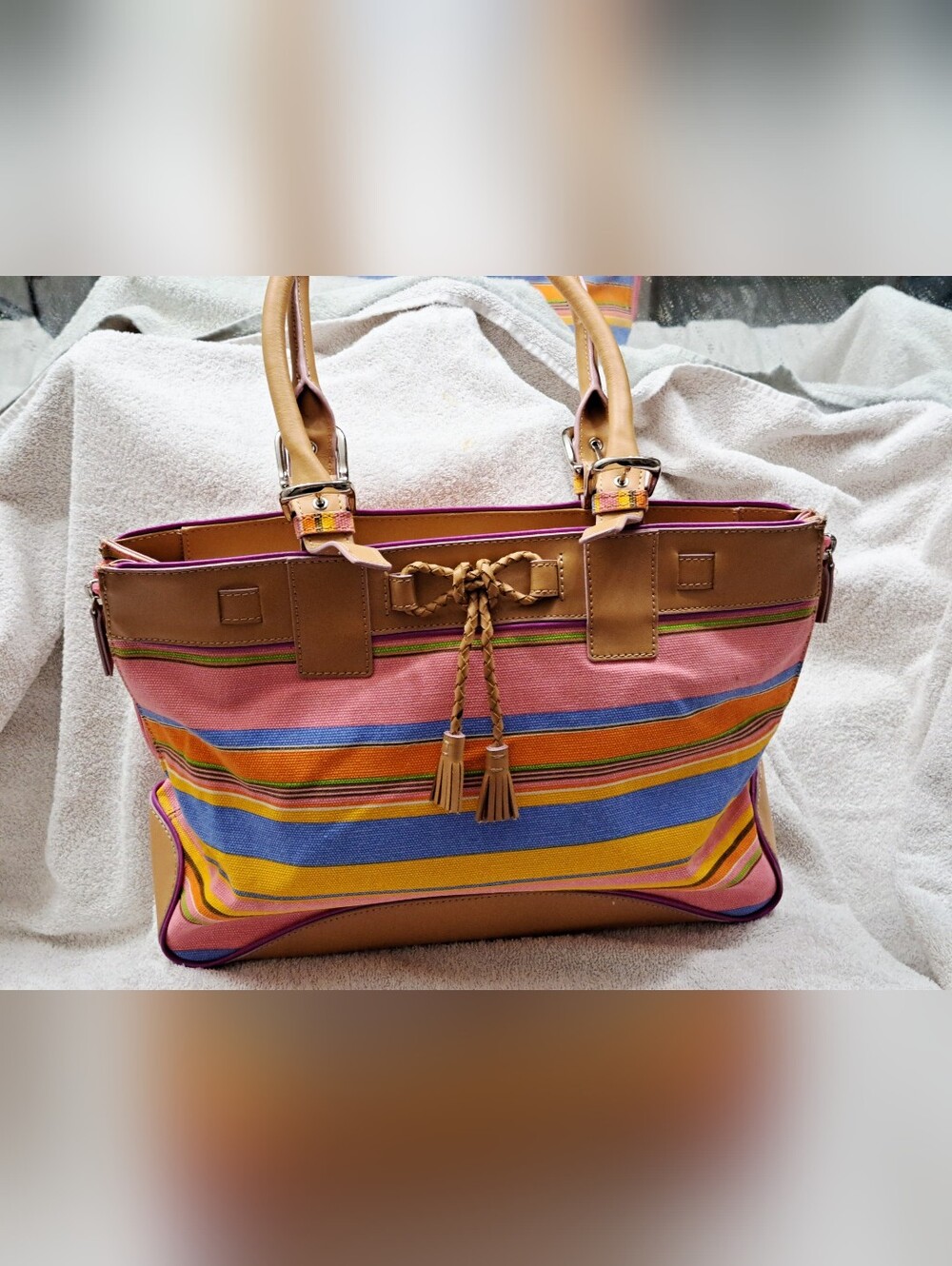 Franklin Covey NWOT Stripe Cotton Canvas Tote Bag Tan Leather, Change Purse Key